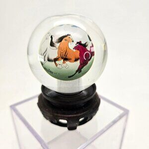 Hand-Painted Crystal Glass Ball Globe With Horses Asian Decor Wooden Stand je218